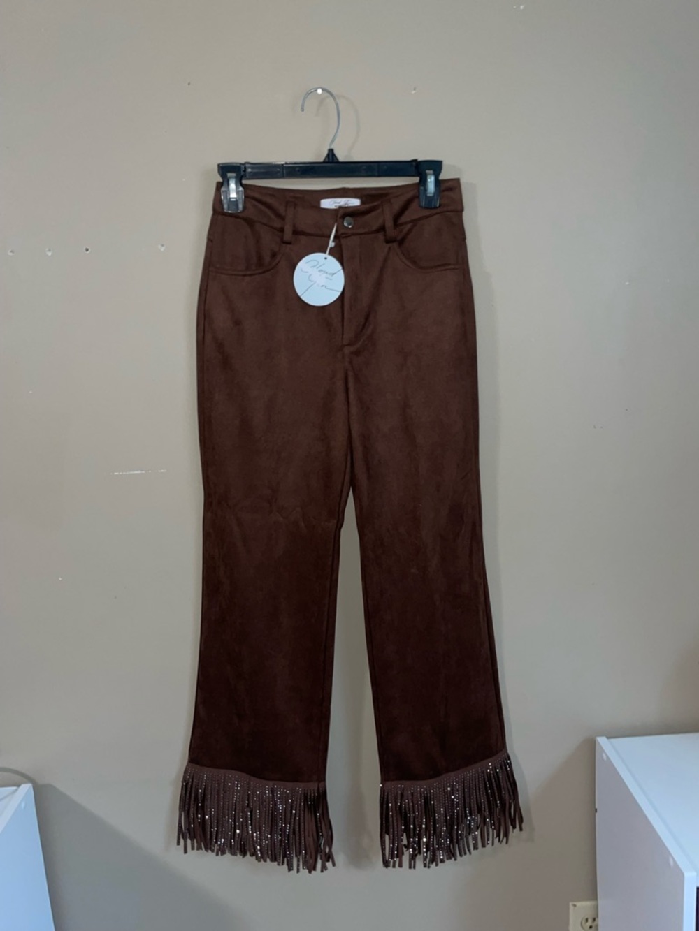 NWT women’s Cloud Ten Brown Suede Fringe Hem hippie boho Pants S